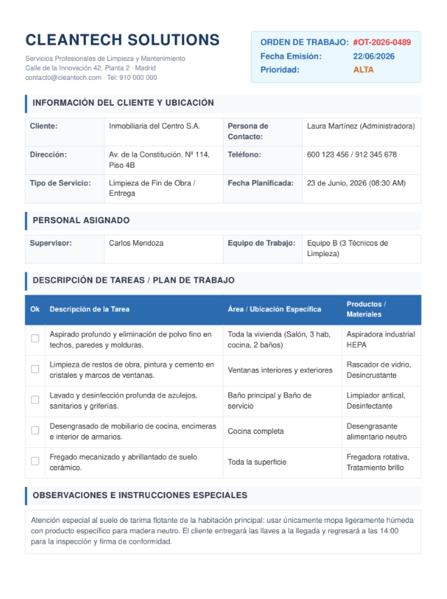 Ejemplo de orden de trabajo digital en MANTENIM